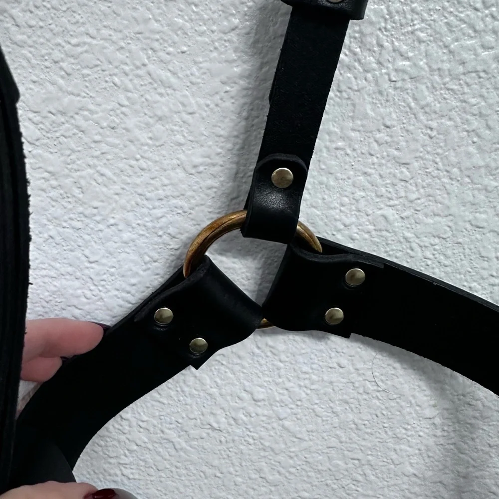 Black Leather Harness Belt with Gold Chain Accent